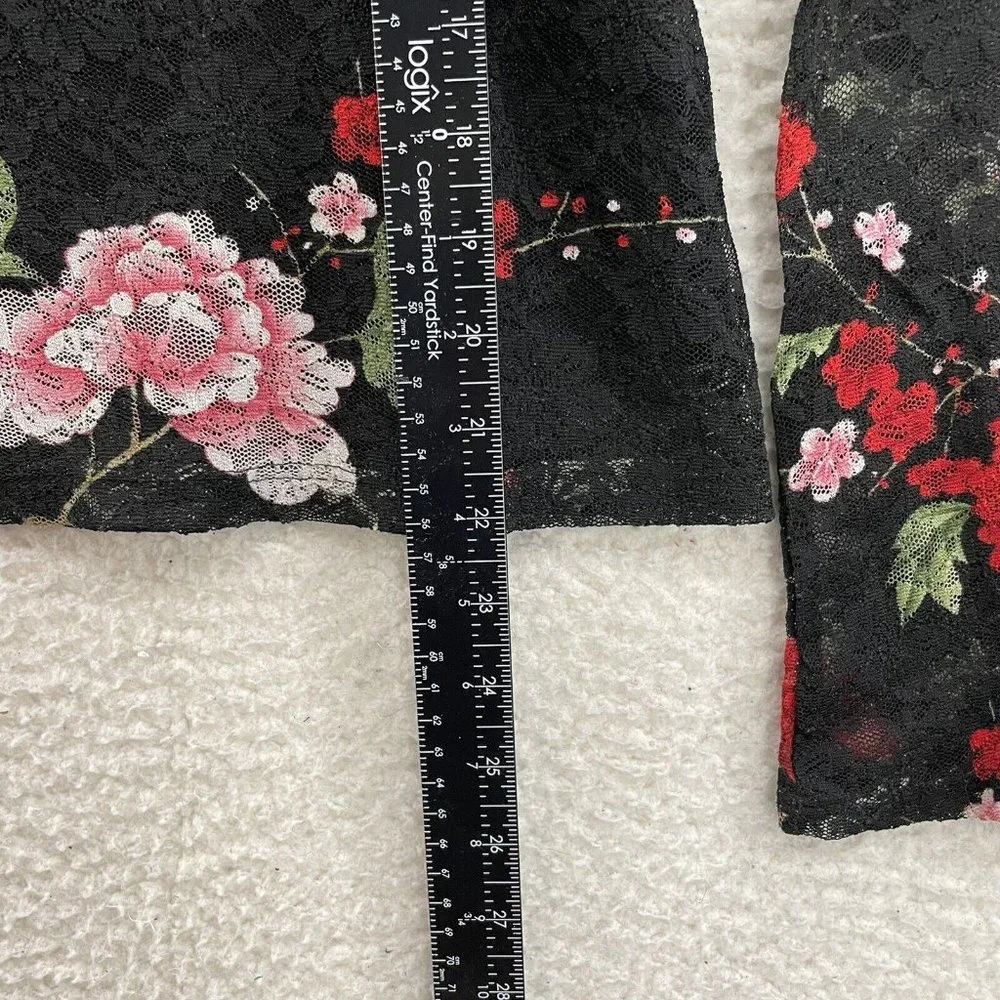 90s Y2K Vintage Fashion Bug Black Rose Floral Sheer Lace Top M L Medium Large - Picture 7 of 9